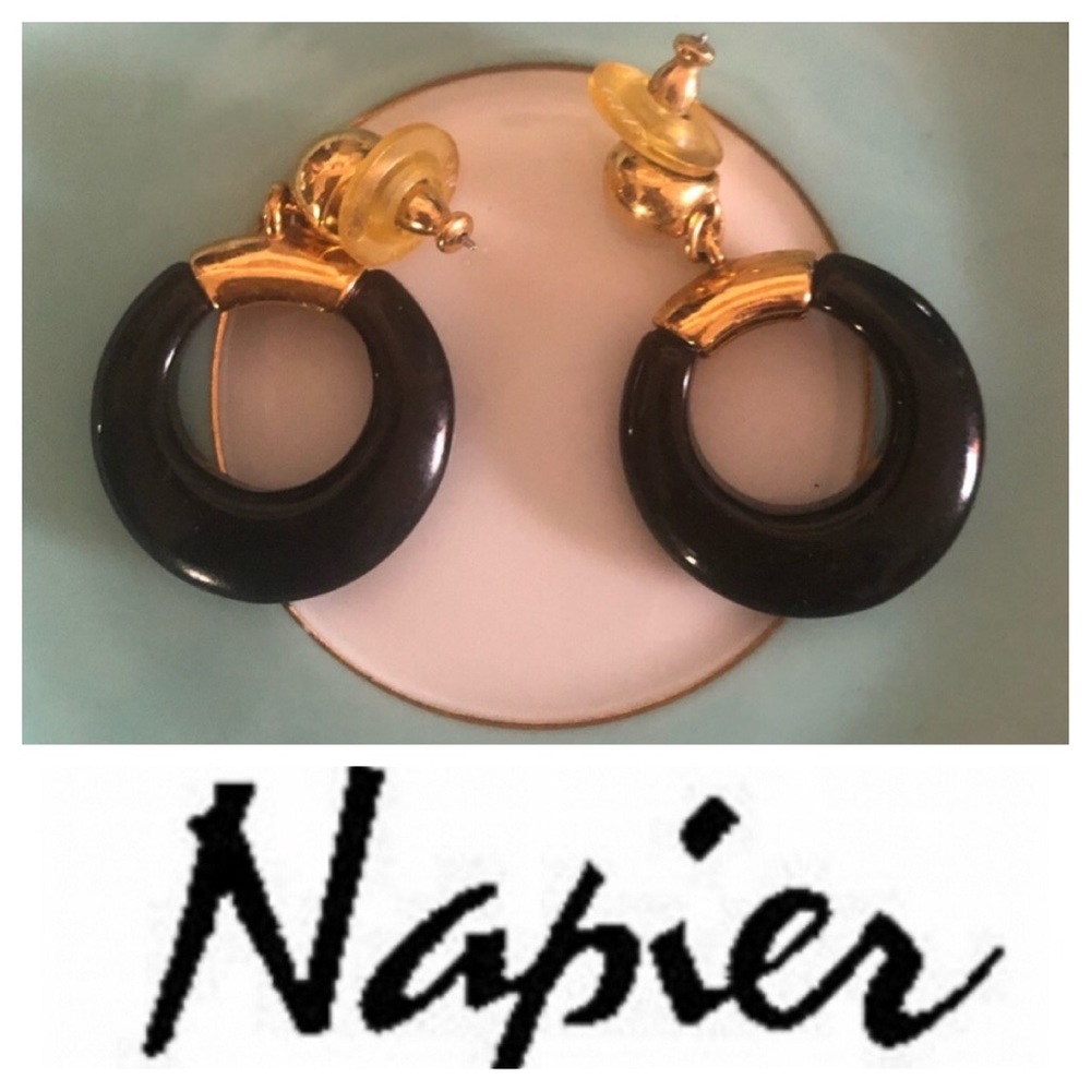 Vintage NAPIER Black & Gold Earrings BOOK PIECE - Picture 3 of 8